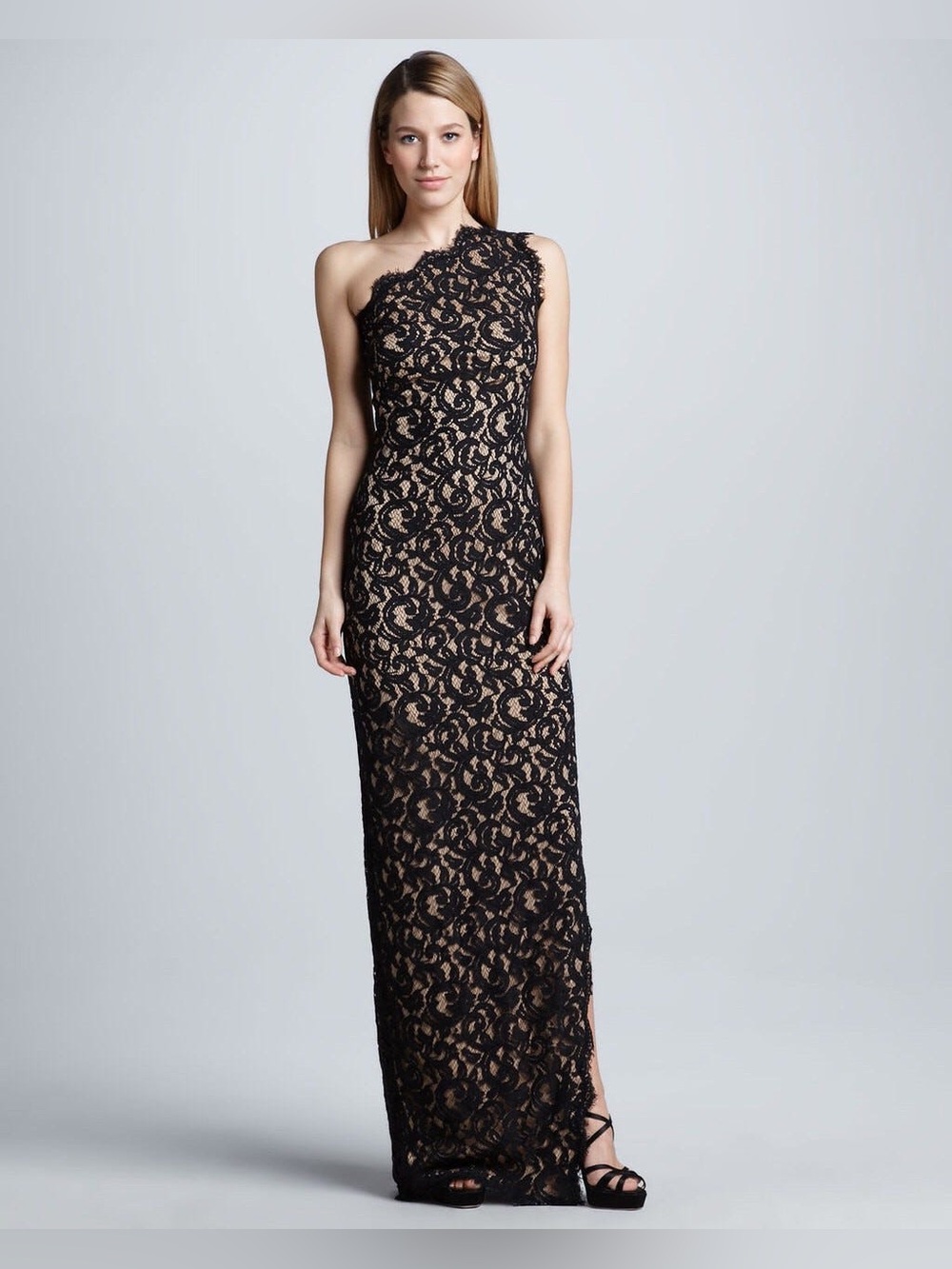 Tadashi Shoji Black Lace One Shoulder Gown Dress Size 2 Black Tie Formal Wedding